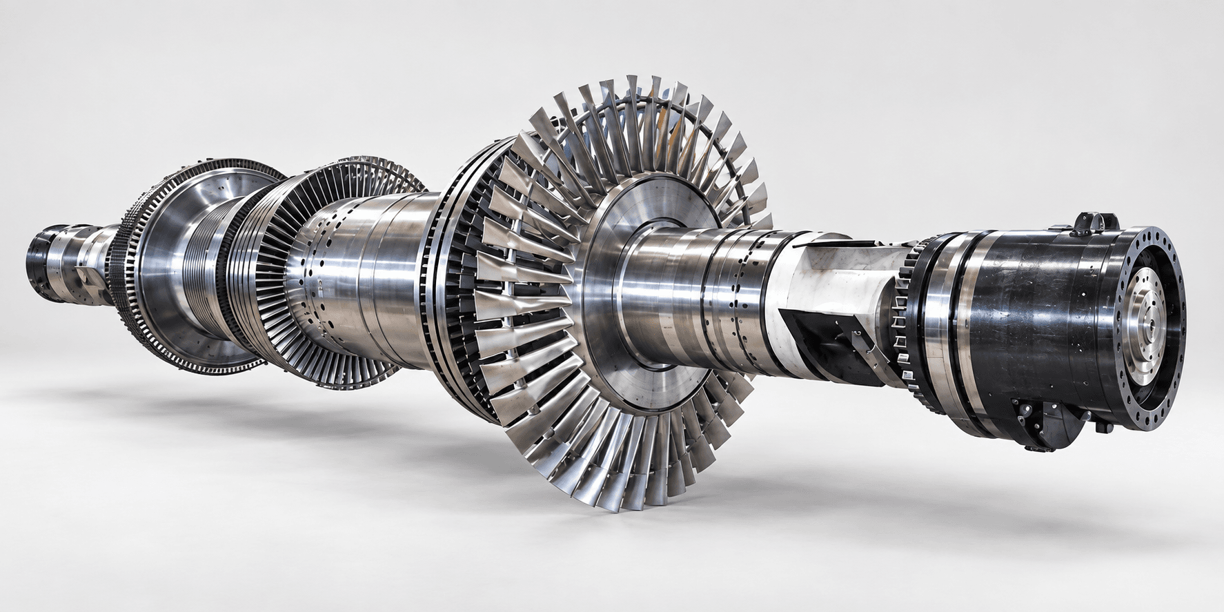 Studio photograph of an in-house manufactured steam turbine rotor