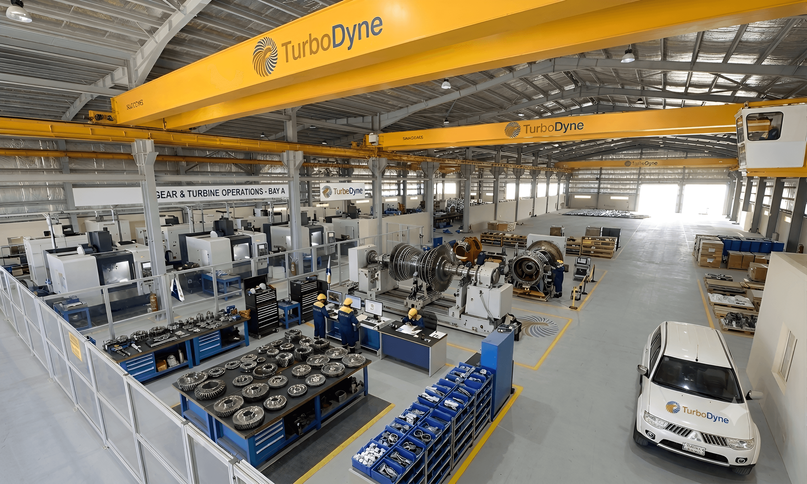 Gear and turbine operations bay at the TurboDyne works, with machining centres, a turbine rotor on the balancing machine and overhead cranes